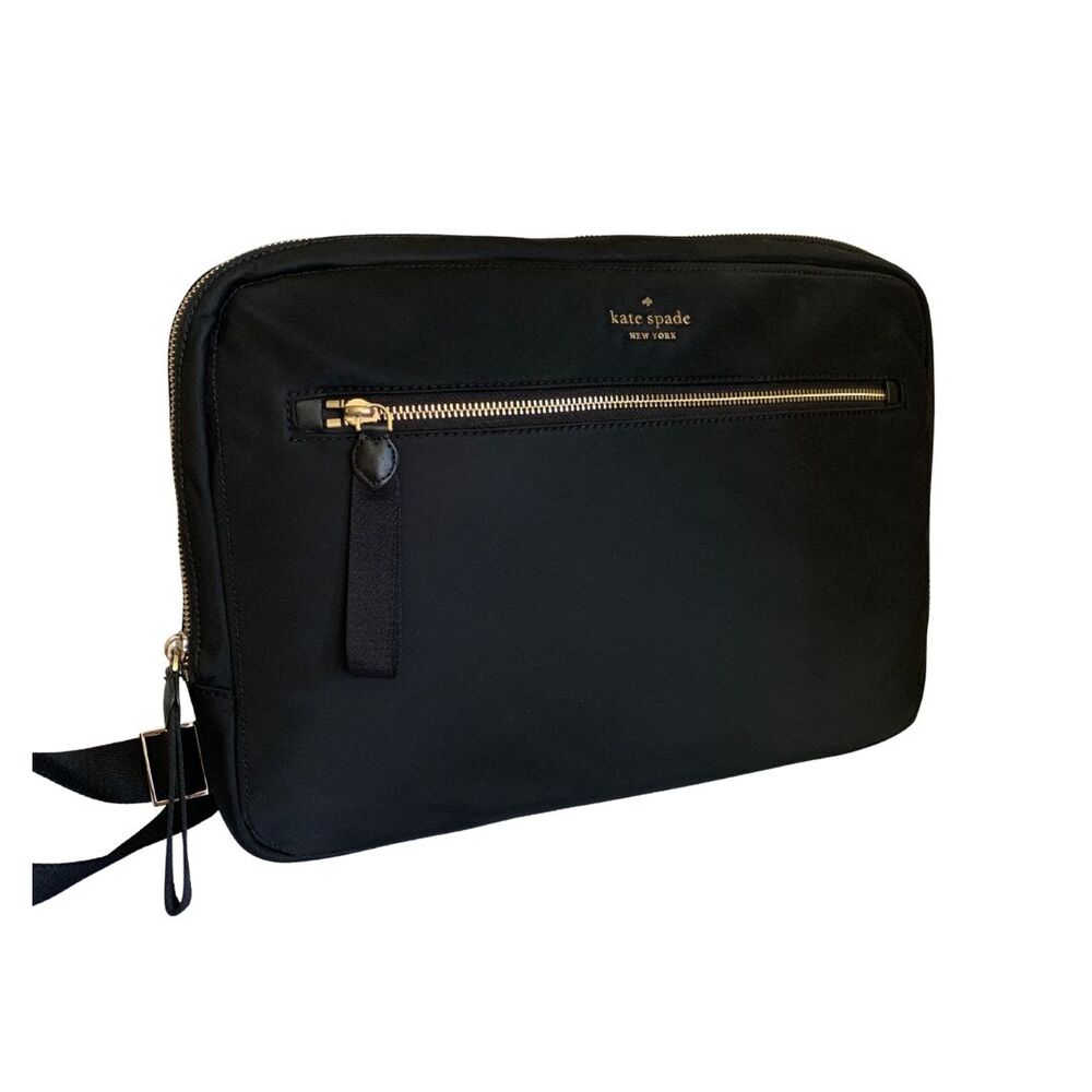 Kate Spade Chelsea Black Nylon Laptop Case Crossbody Gold Hardware - Picture 2 of 12